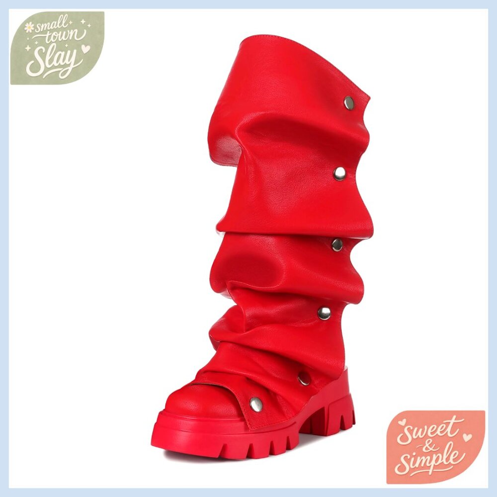 Fold Over Slouchy Platform Boots Mid Calf Chunky Heel Round Toe